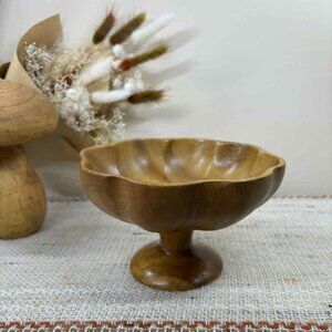 Vintage MCM wood pedestal bowl with a Scalloped edge